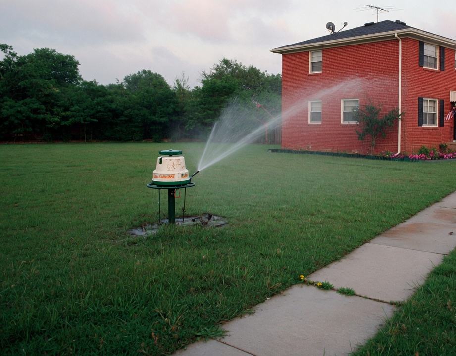 A sprinkler head running on a Lewisville lawn in front of a brick house